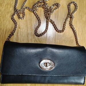 Coach Black Leather Wallet Turnlock with Gold Chain Strap
